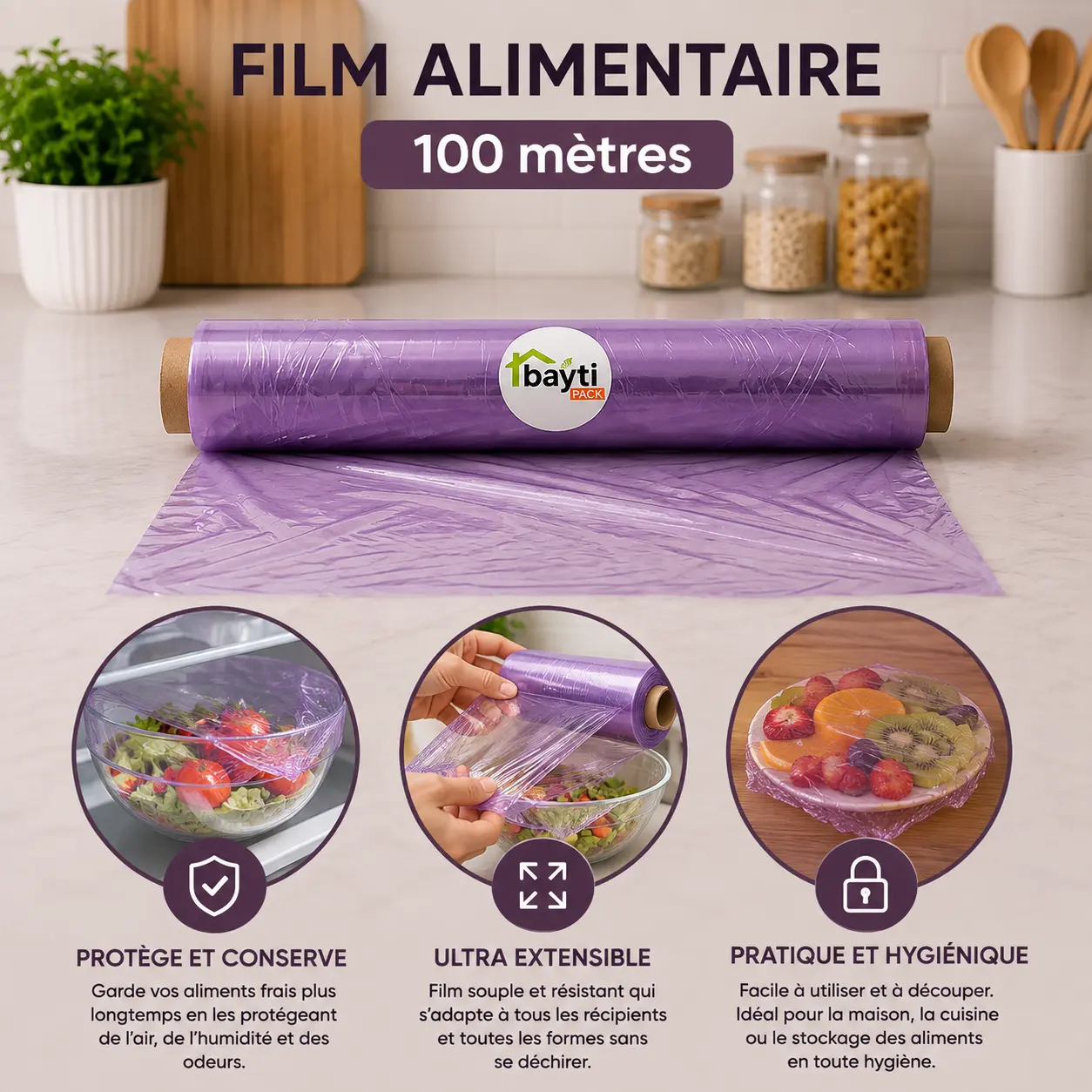 Rouleau de film alimentaire étirable 100 mètres Bayti Pack