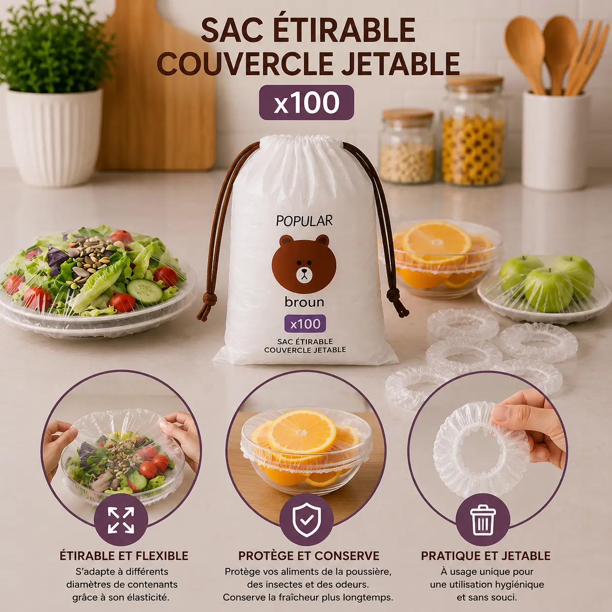 Sacs étirables à couvercle jetable x100 Bayti Pack