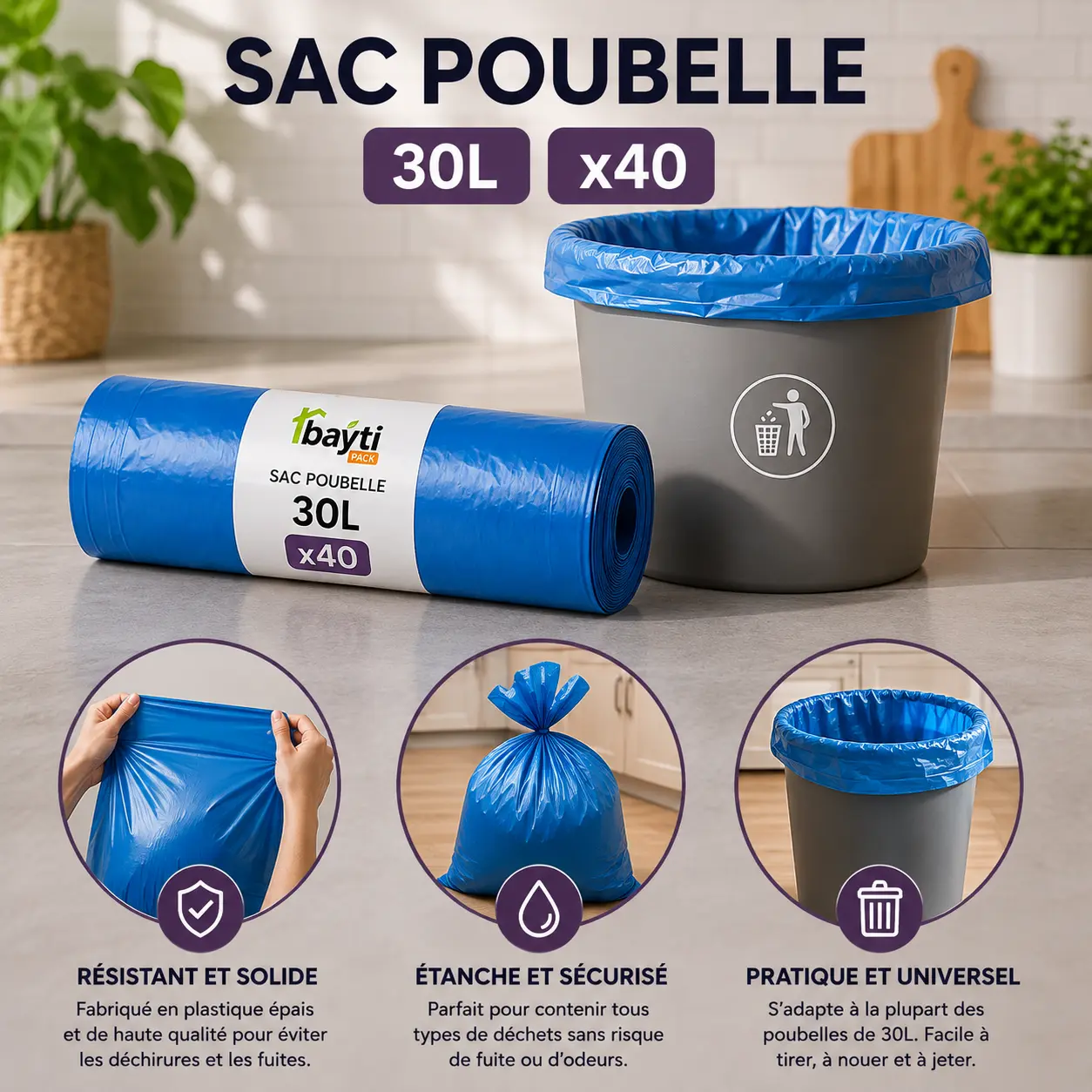 Sacs poubelle bleus 30 litres x40 Bayti Pack